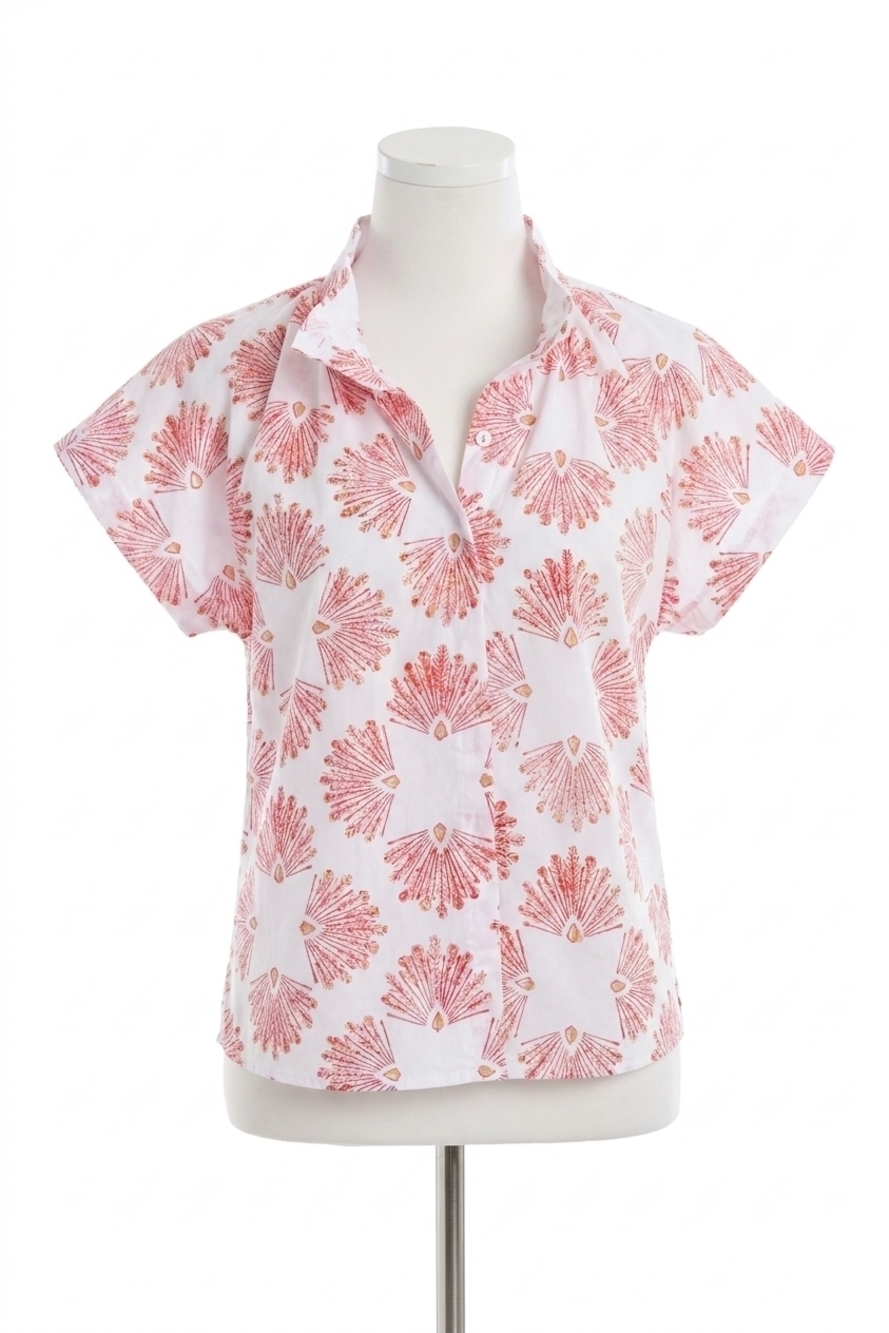 NEW FINLEY mended peacock print jenny top in coral